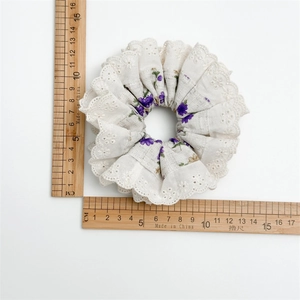 Floral scrunchie with lace trim and purple flowers, 12cm diameter cotton hair tie