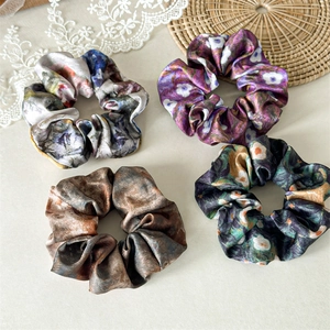 Retro Van Gogh style satin scrunchies set in various floral prints and colors