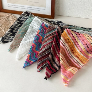 Knitted crochet headscarf with boho hollow pattern and colorful striped patterns