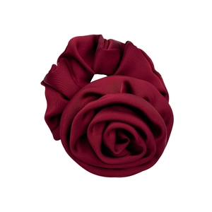 Elegant burgundy satin large flower hair tie for women with silky glossy finish