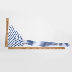 Detailed view of the striped blue and white fabric scarf with dimension measurements