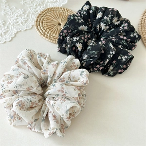 Women Summer Chiffon Floral Scrunchie Large Elastic Ponytail Holder Sweet Flower Hair Tie Handmade Pleated Hair Accessories
