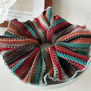 Handmade striped crochet knit hair scrunchie with colorful summer hollow-out design