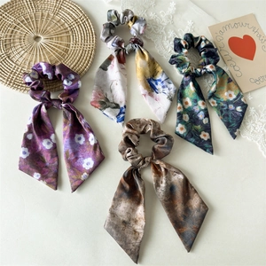 Van Gogh Oil Painting Style Satin Scrunchie With Long Streamer Floral Hair Tie Ribbon Scarf For Women Headwear Hair Accessory