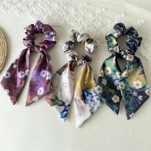 Three-piece Van Gogh oil painting style floral silk scrunchies with long ribbons