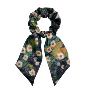 Floral scrunchie with ribbons in dark green satin fabric for ponytail styling