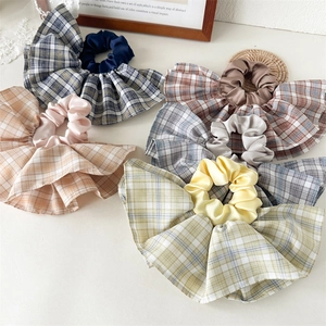 Vintage Plaid Patchwork Scrunchies Große Gerüschte Haargummis Hochelastische Satin Textur Pferdeschwanzhalter Für Damen Haarschmuck