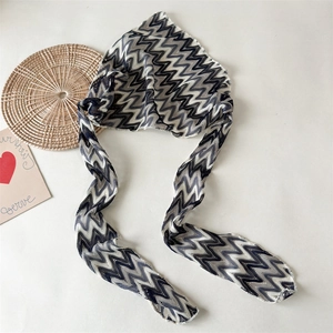 Detail of knitted zigzag pattern headscarf with striped texture and long straps