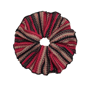 Handmade hollow knit oversized scrunchie with red, black, and khaki striped texture
