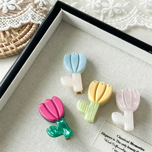 Süßes Tulpen-Haarklammern-Set aus Acetat in Blau, Gelb und Rosa mit Strasssteinen