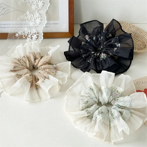 Women Large Floral Chiffon Scrunchies Korean INS Style Sweet Splicing Lotus Leaf Edge Elastic Hair Ties For Daily Accessories