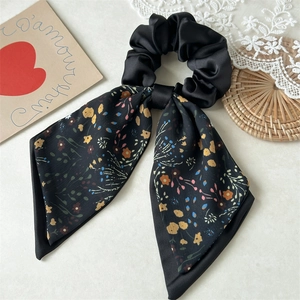 Women's Elegant Double Layer Satin Fabric Bow Scrunchie Black Floral Print Ribbon Ponytail Holder Fashion Hair Accessory