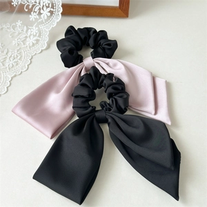 Elegant set of two satin bow scrunchies in black and pink for women summer hairstyle
