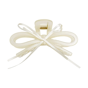 Pince à cheveux élégante en acrylique crème avec ruban de satin blanc et ressort doré