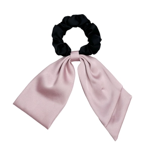 Elegant double-layered satin bow hair tie in pink and black with smooth glossy finish