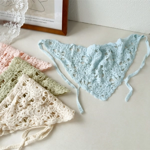 Handmade Crochet Knit Hollow Flower Triangle Bandana Scarf Mori Forest Style Retro Floral Summer Beach Hair Accessories Headband