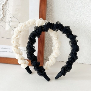 Vintage Pleated Mesh Artificial Pearl Headband For Women Sweet Ruffle Tulle High Cranial Top Hair Band Face Washing Hair Accessories
