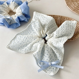 Sweet blue and white lace bow scrunchie set with floral embroidery and faux pearls