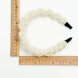 Beige pleated mesh headband with pearls and non-slip tips for women's hairstyling