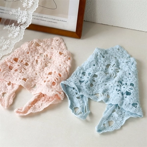 Handmade hollow knit floral crochet head scarves in soft pastel pink and blue shades