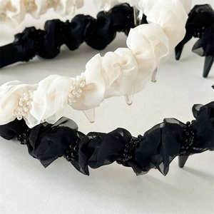 Elegant pleated mesh headband for women with bead clusters in black and beige colors