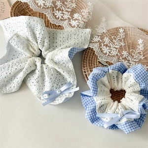 Fresh Gingham Lace Hair Scrunchie With Ribbon Bow And Artificial Pearl Sweet Pastoral Style Women Hair Accessories Ponytail Holder