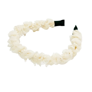 Pleated mesh headband with pearl beads and high top design for women in cream white
