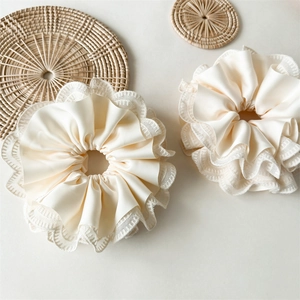 French Elegant Satin Lace Large Scrunchie For Women Layered Pleated Hair Tie Oversized Creamy White Hair Accessories
