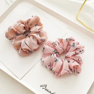 Floral chiffon scrunchies for women, high elastic hair ties in apricot and light pink colors