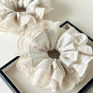 French Vintage Polka Dot Fabric Scrunchie Multi Layer Lace Trim Elegant Hair Accessories High Elasticity Ponytail Holder For Women