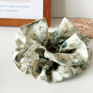 Floral multilayer scrunchie with elegant vintage white flower patterns and premium texture