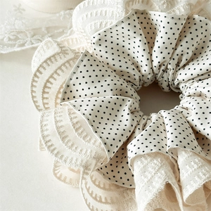 French retro oversized scrunchie with polka dot fabric and layered lace trim