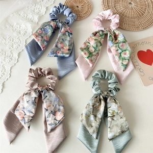 Satin Floral Bow Ribbon Scrunchies For Women Handmade Double Layer Ponytail Holder Fabric Hair Ties Fashion Headwear
