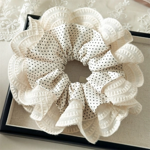 French lace ruffle hair scrunchie with black polka dots and cream floral lace trim