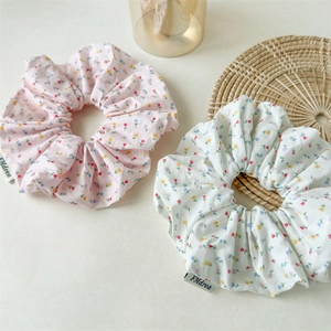 Forest style floral print scrunchies in pink and white soft cotton fabric set