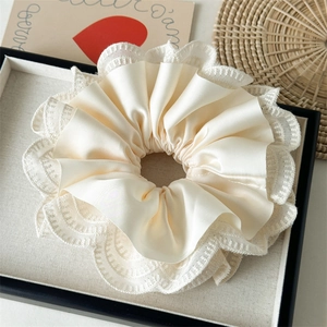 Elegant cream white layered satin and lace scrunchie for women with aesthetic ruffles