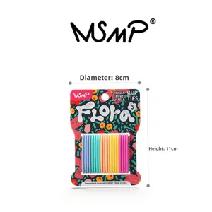 Detail showing colorful elastic hair ties set with dimensions 11cm height and 8cm width