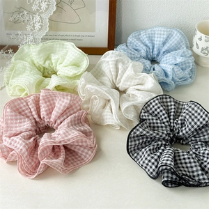 Set of 5 Korean style checkered scrunchies in pastel pink green and blue fabric