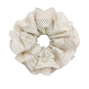 Elegant multi-layered lace hair scrunchie in cream with delicate black polka dots