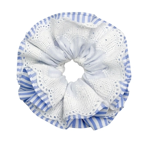Blue striped scrunchie with white lace trim, stylish layered ruffled hair tie accessory