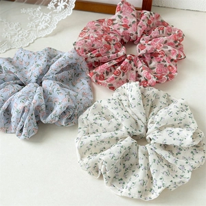Femmes Grands Chouchous en Chiffon Floral Élastique Bandeau Cheveux Doux Imprimé Rose Support de Queue de Cheval Style Coréen