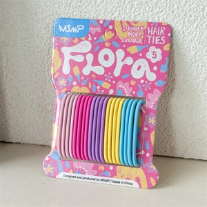 Detail of colorful seamless elastic hair ties on a floral card display package