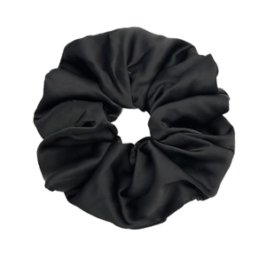 Elegant large black satin scrunchie with high elasticity and premium silk-like gloss finish