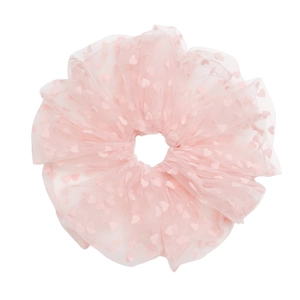 Pink heart mesh hair scrunchie with elastic band for girls ponytail hairstyles