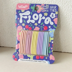 Close-up of six seamless colorful high-elastic hair ties on a floral decorative card