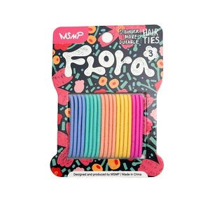 Rainbow set of 12 seamless elastic hair ties on a floral retail display card