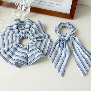 Blue and white striped scrunchie set with bow ribbon tie for elegant ponytail styling