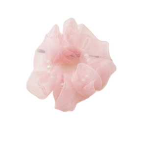 Chouchou élégant en organza rose avec perles pour coiffures en queue de cheval