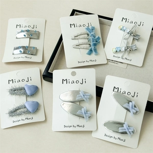 Lot de 2 Barrettes à Cheveux Style Coréen Bleu Argent Nœud Étoile Cœur Strass Tissu Paillettes Pince à Bec de Canard Femmes
