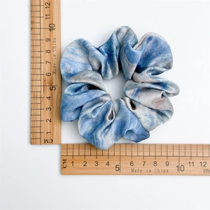 Elegant blue oil painting satin silk scrunchie with 11cm diameter size measurement